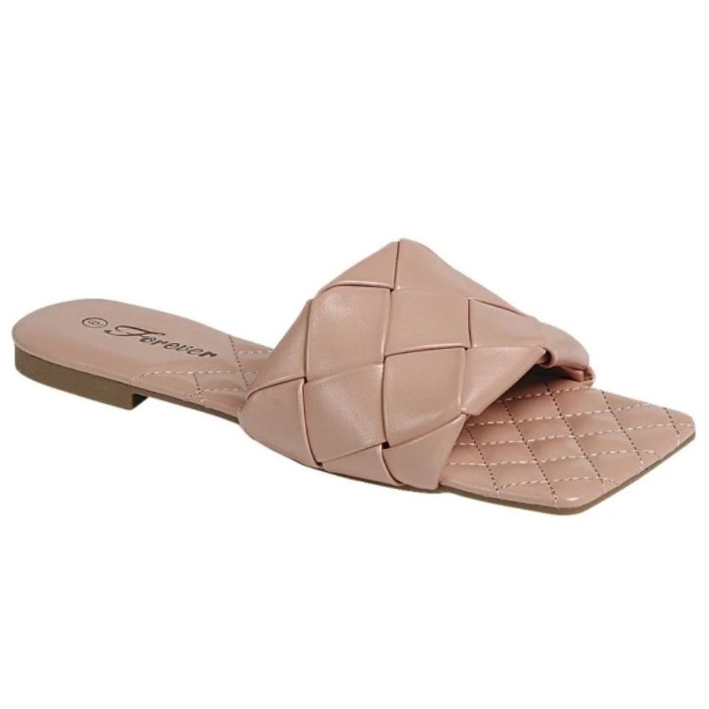 New Blush Pink Woven Square Toe Slides Sandals